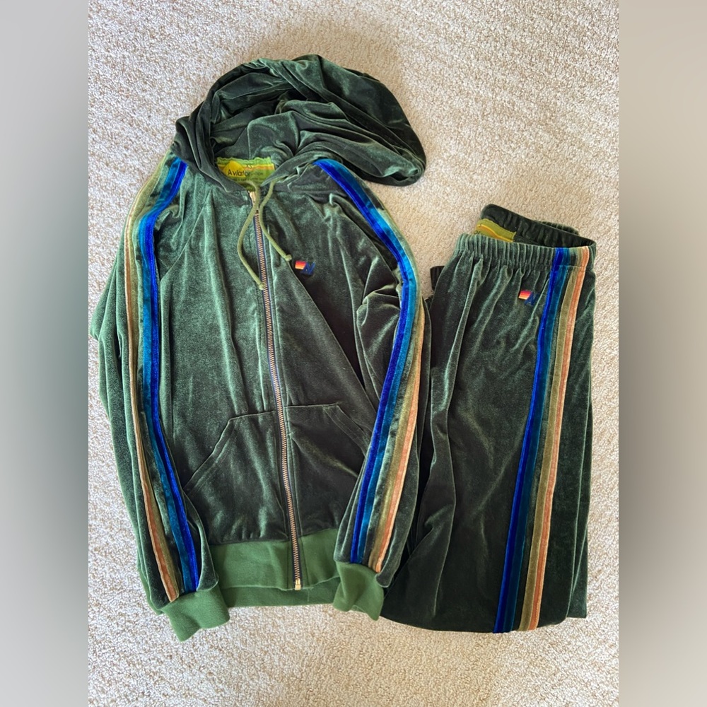 Green velvet Aviator Nation hoodie and sweatpants set